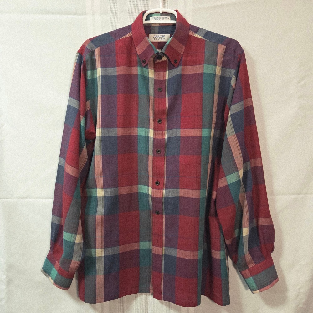 Arrow Sport Button Down Shirt Mens L Red Plaid Long Sleeve Single Needle Tailor